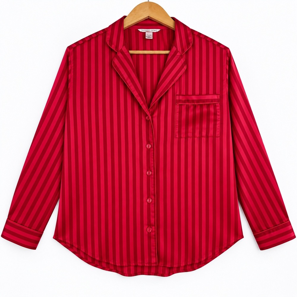 Victoria's Secret Satin Stripe Pajama Top Button Down Red Large Short